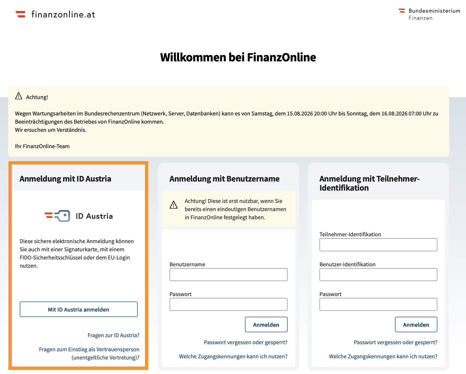FinanzOnline welcome page — the ID Austria login box is highlighted on the left