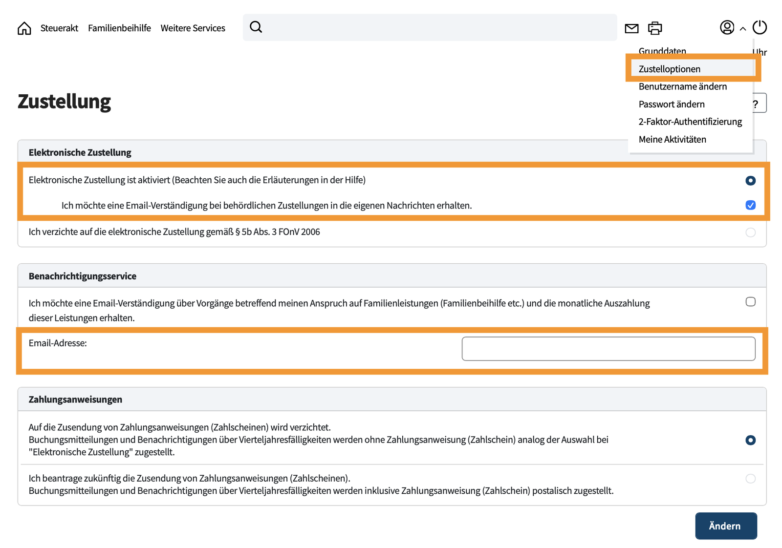 FinanzOnline Zustellung settings — Zustelloptionen menu, electronic delivery with email notification ticked, and the email address field highlighted